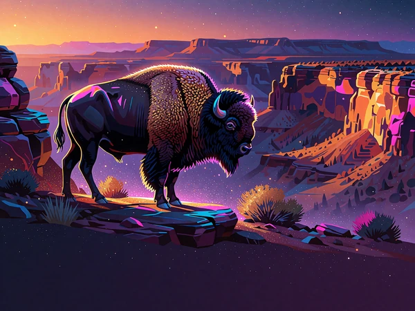 Bøffel på en klippekant foran en neonfarvet kløft som illustration af slots i Megaways-stil