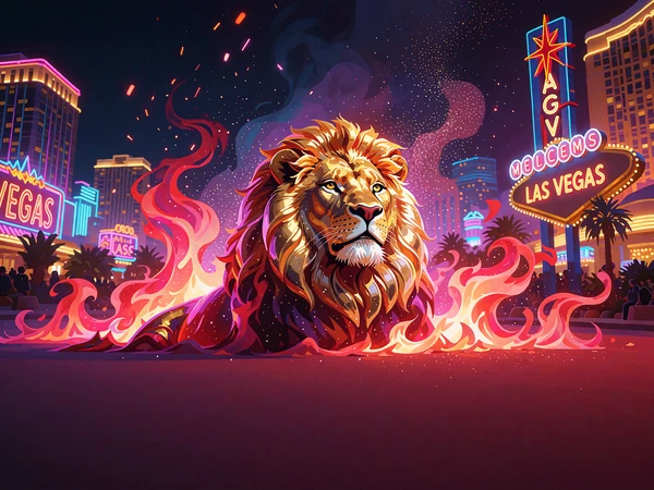 Gylden løve omgivet af flammer som stemningsbillede for Bonus Buy-slots i V.Vegas-lobbyen