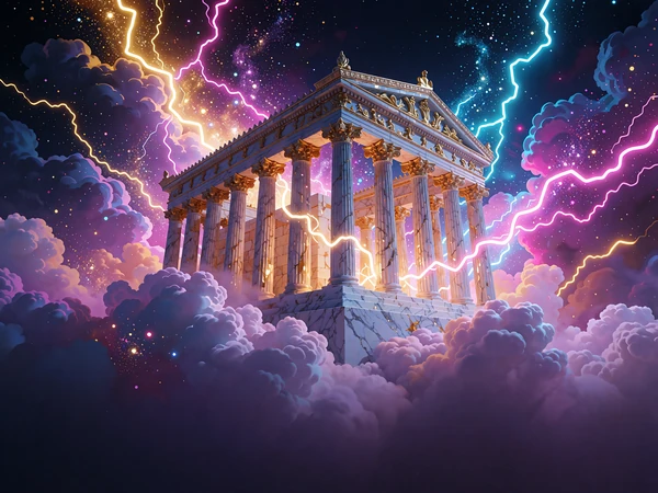 Græsk marmortempel på skyer med guld- og cyanlyn, inspireret af slotten Gates of Olympus