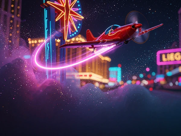 Rødt propelfly, der stiger over en stjernehimmel med magenta lysspor - illustration af crashspillet Aviator