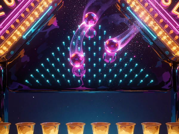 Neonbræt med cyan pinde og magenta kugler, der falder mod guldbægre - illustration af Plinko