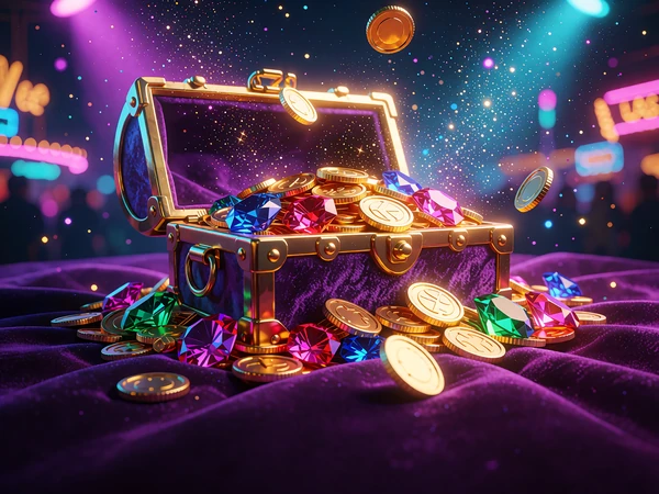 Skattekiste fyldt med guldmønter og ædelsten som illustration af Hold & Win-slots hos V.Vegas Casino